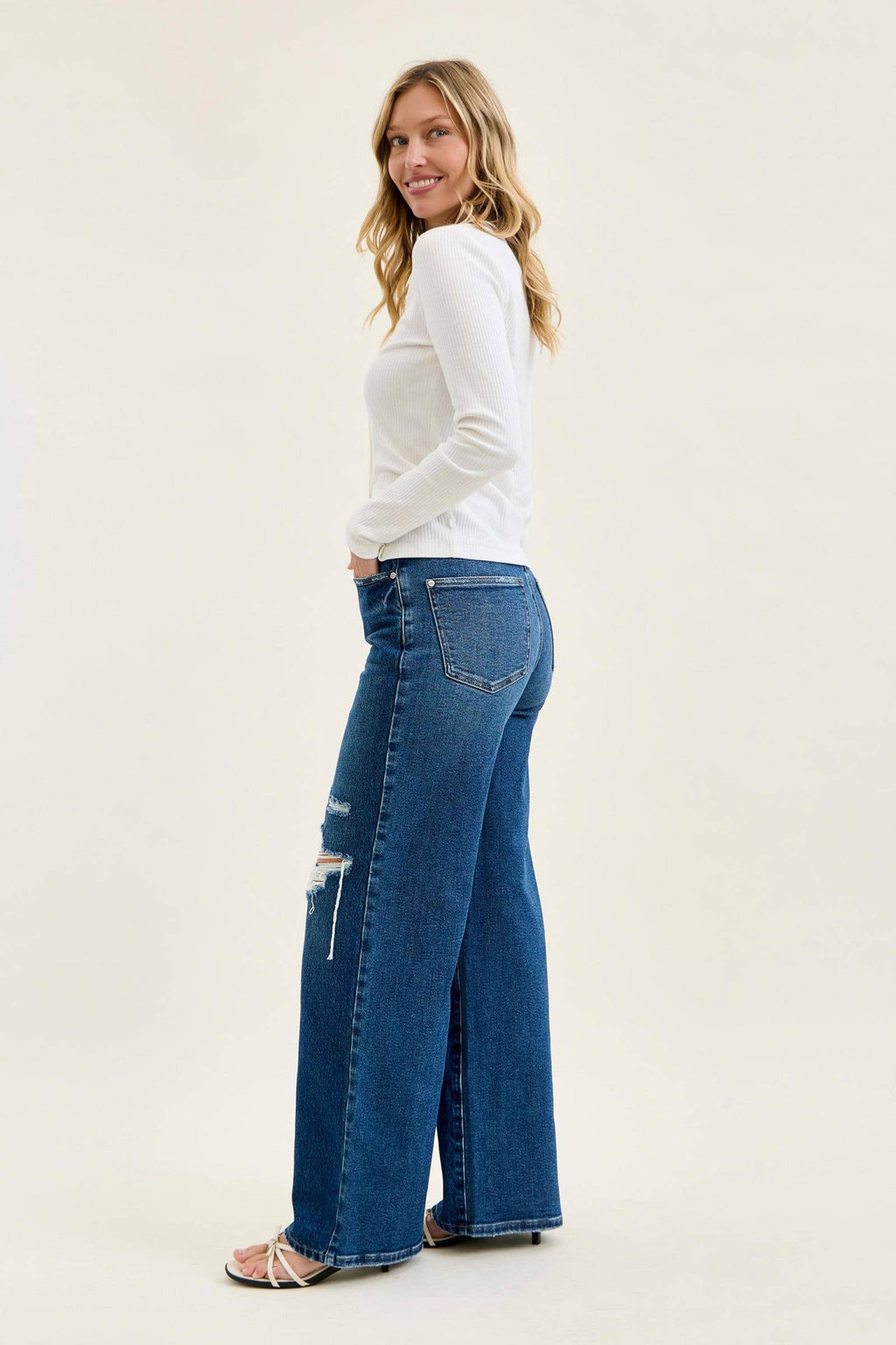 Judy Blue High Waist Rigid Magic Column Straight Destructed with Adjustable Wasitband Tabs, Ineam 33"
