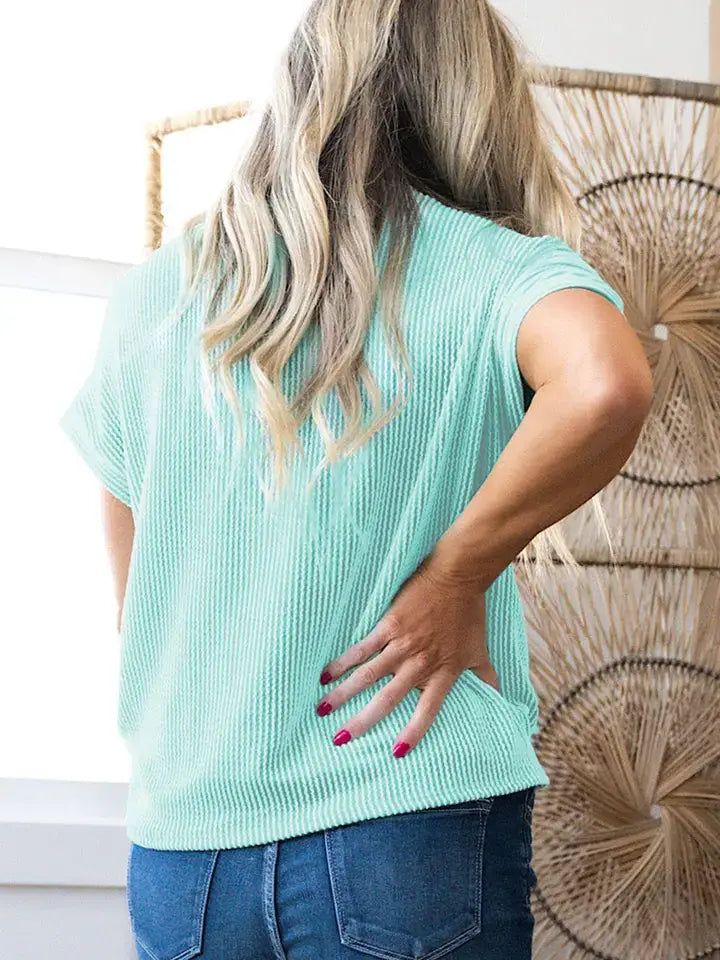 Pink Corded Knit Color Block Pocketed Crew Neck T Shirt