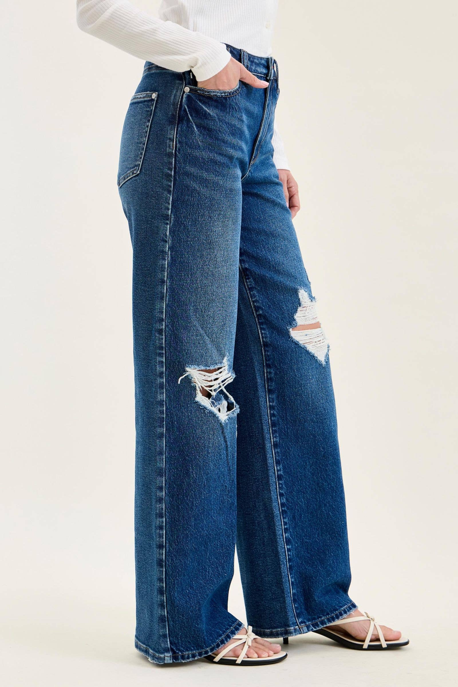 Judy Blue High Waist Rigid Magic Column Straight Destructed with Adjustable Wasitband Tabs, Ineam 33"
