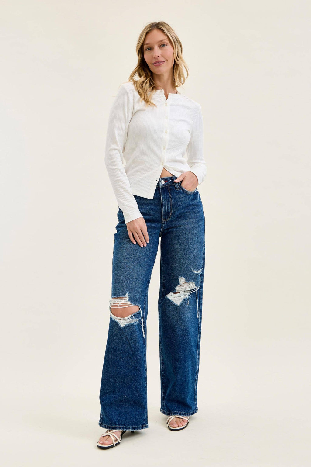 Judy Blue High Waist Rigid Magic Column Straight Destructed with Adjustable Wasitband Tabs, Ineam 33"