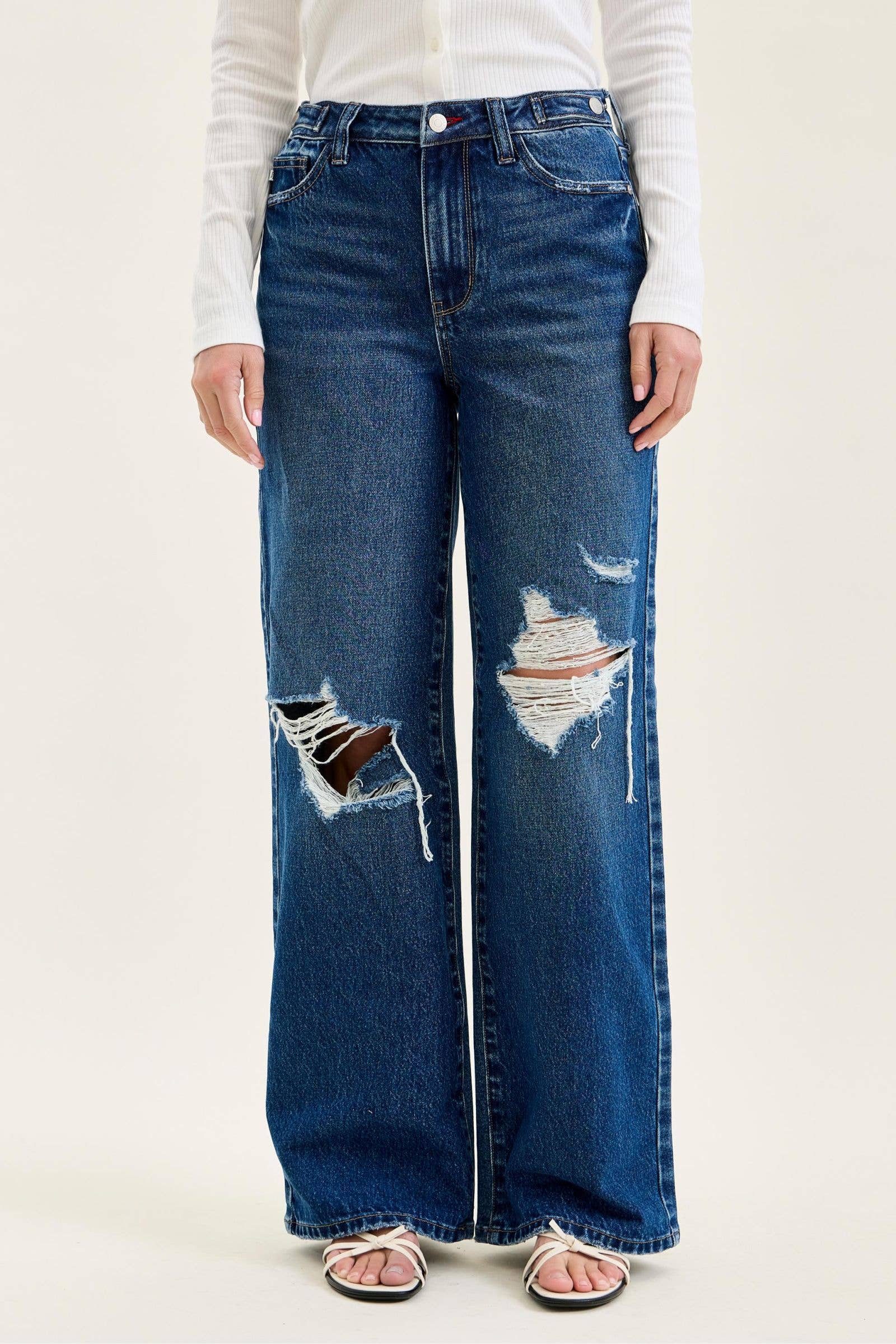 Judy Blue High Waist Rigid Magic Column Straight Destructed with Adjustable Wasitband Tabs, Ineam 33"