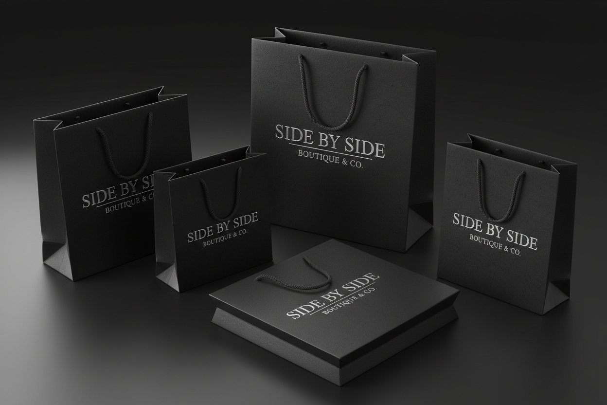 Black shopping bags with Side by Side Boutique & co with a black ground